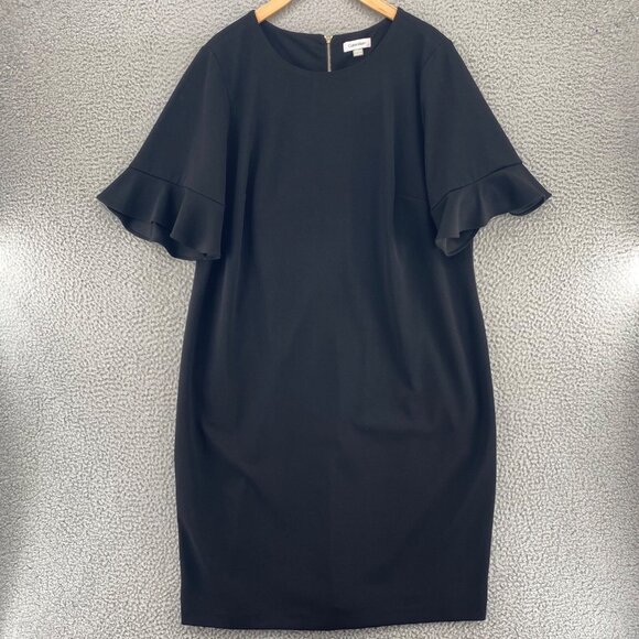 Calvin Klein Dress Womens 18W Plus Black Shift Bell Sleeve Knee Stretch Office - Picture 1 of 10